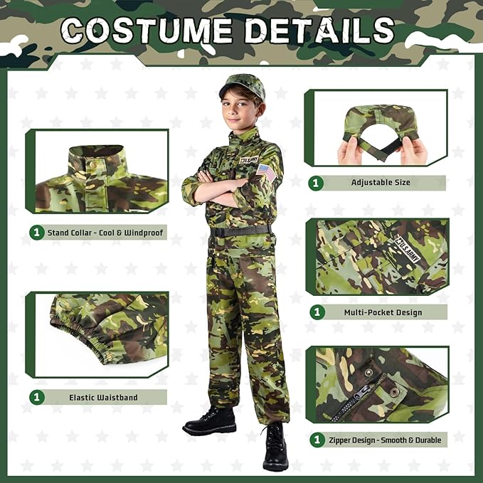 Kids Army Costume for Boys, Military Army Costume with Army Toys, Solider Boy Dress up, Halloween Costumes for Boys