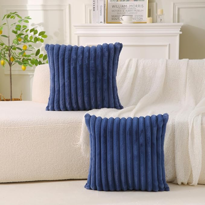 Decorative Throw Pillow with Inserts, Set of 2 Soft Faux Fur Throw Pillows, Square Boho Striped Pillow for Couch, Bed, Sofa Decor (Blue, 20" x 20"(Pack of 2))