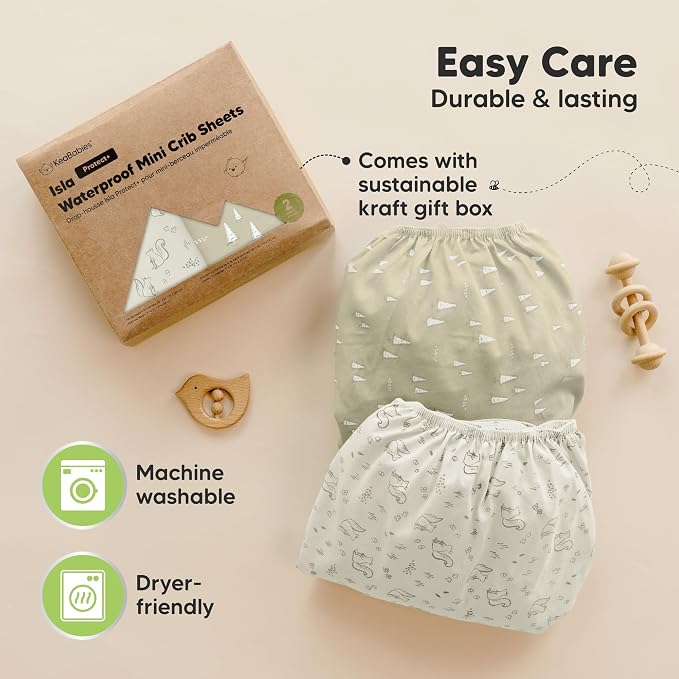 2-Pack Waterproof Pack and Play Sheets, Mini Crib Sheets Fitted for Boy, Girl - 38 x 26 Viscose from Bamboo Pack N Play Mattress Sheets for Graco, Toddler Playard Baby Crib Sheets Neutral(Pine Grove)