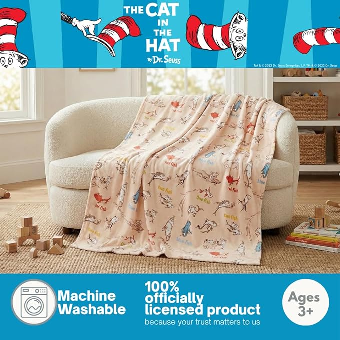 One Fish Two Fish Red Fish Blue Fish by Dr. Seuss Book Throw, Kids Super Soft Plush Cozy Throw Blanket, 60 in x 70 in, (Officially Licensed Product) by Franco