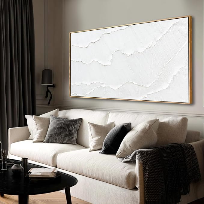 Framed White Gold Abstract Wave Canvas Wall Art for Living Room 24x48 Inch