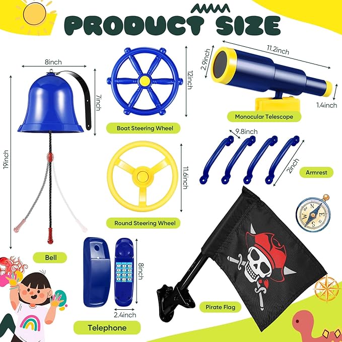 Foilswirl Swing Set Accessories Outdoor Playground Accessories Backyard Playground Equipment with Telephone, Ship Wheel, Telescope, Bell, Safety Handle Bars, Pirate Flag for Playhouse (Blue, Yellow)