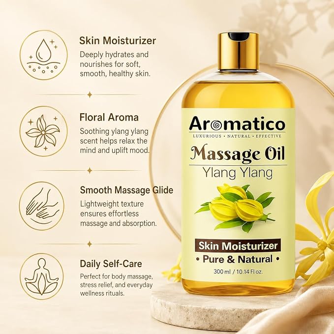 Aromatico Ylang Ylang Massage Oil 10.1 fl oz – Floral Body Oil for Relaxation & Skin Nourishment – Lightweight, Non-Greasy, Fast Absorbing Massage Oil for Spa & Daily Use