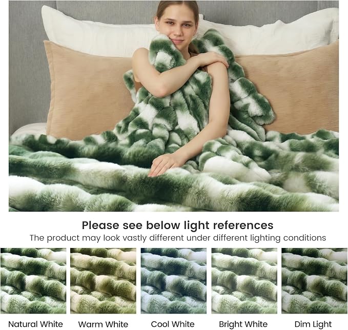Cozy Bliss Faux Fur Throw for Couch, Fuzzy Soft Plush Thick Bubble Blanket for Sofa Bedroom Living Room, 50x60 Inches Tie-dye Olive Green
