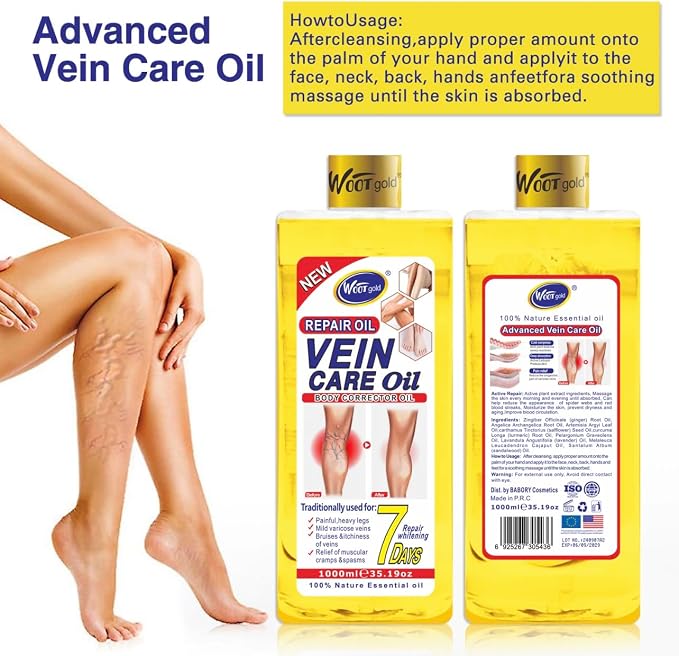 Vein Care Oil, Repair Oil for Painful Heavy Legs, Mild Varicose Veins, Bruises, Itchiness, Cramps, 35.19 oz