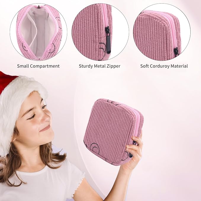 Sanitary Napkin Storage Bag, Corduroy Period Bag for Women, Cute Portable Period Pouch with Zipper, Sanitary Pads Bag Tampons Holder for Purse, First Period