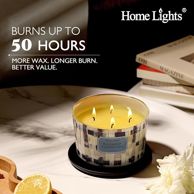 HomeLights Scented Candles for Women & Men, 18oz Candle Jars Aromatherapy 4-Wick Candle, Ideal for Rustic Modern Home Decor and Gifts, Blueberry Cheesecake