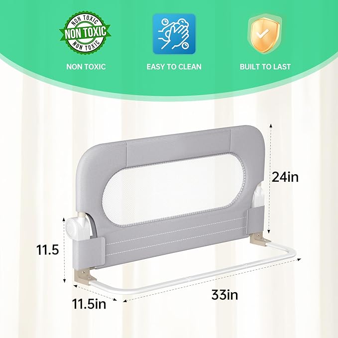 UPGOGO Folding Toddler Bed Rails for Crib,Safety Toddler Bed Rails,Bed Guard Rail with Reinforced Anchor Safety System,Bed Rail for Kids Fit,Bunk,Full Size,Queen,King,Twin(Grey,33"x23.6")