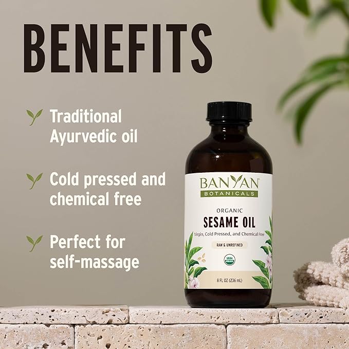 Banyan Botanicals Organic Unrefined Sesame Oil – Rich & Warming Ayurvedic Massage Oil for Body & Scalp – Traditional Abhyanga Oil for Deep Tissue Grounding & Recovery – 24 oz – USDA Organic