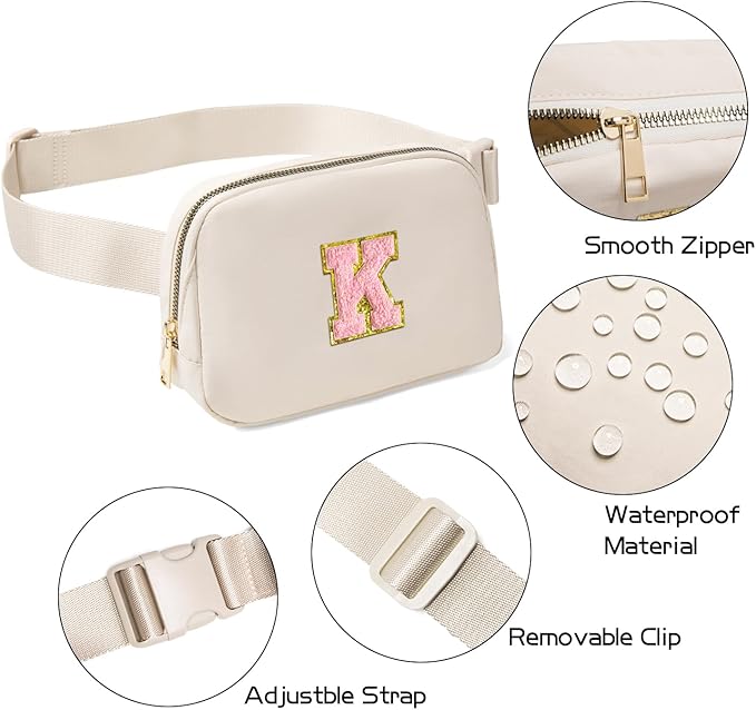 Gitus Belt Bag Fanny Pack Crossbody Bags with Initial Letter Patch Cute Stuff Birthday Gifts for Teenager Girls Trendy Preppy Stuff for Teen Girls(Beige-K)