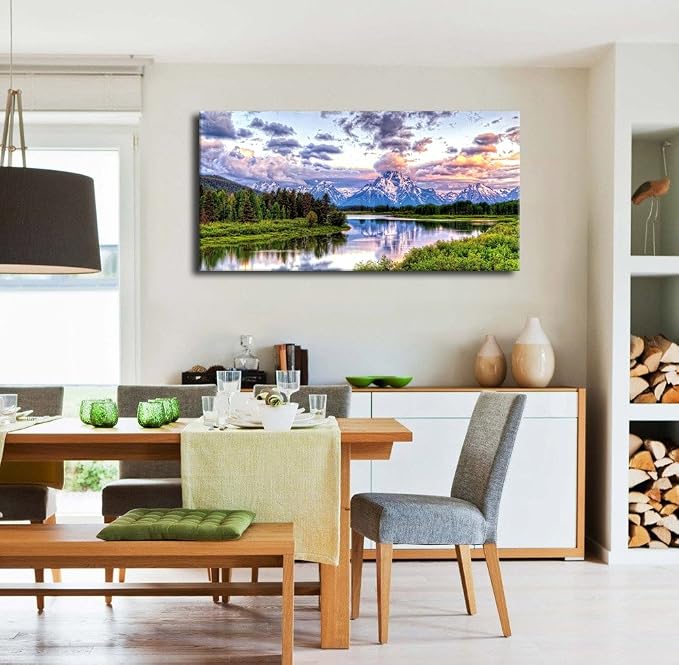 arteWOODS Landscape Canvas Wall Art Nature Picture Oxbow Bend Grand Teton National Park Modern Canvas Artwork River and Forest Contemporary Wall Art Large Size for Home Office Decoration 24" x 48"