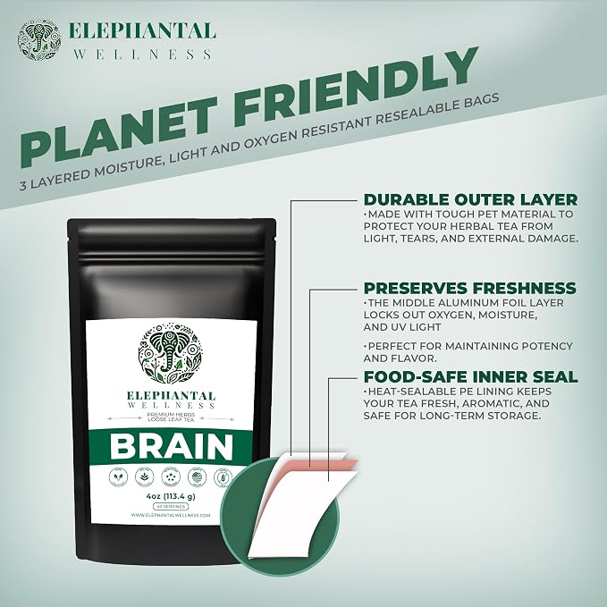 Elephantal Wellness Premium Brain Herbal Tea | Botanical Blend with Ginkgo, Bacopa, Ashwagandha & Gotu Kola | Handmade, Caffeine-Free, Non-GMO Loose Leaf Herbal Tea, 4oz Loose Leaf, 40 Servings