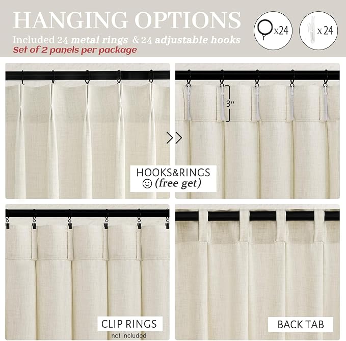 Pinch Pleated 70 Inch Extra Wide Cream Light Filtering Dining Room Curtains 96 Inches Long, Memory Shape Natural Linen Semi Sheer Privacy Modern Windows Curtain 8 FT Length Viral Drapes 2 Panels Set