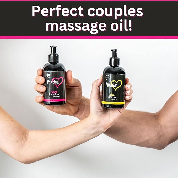 Passion Massage Oil for Date Night | Set of 2 Massaging Oils Lemon Crème & Tropical Paradise | All Natural with Almond & Jojoba | for Women & Men | Perfect for Full Body Relaxation & Aromatherapy