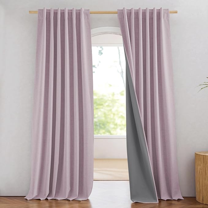 NICETOWN 100% Blackout Curtains for Living Room, 52" Wide Per Panel, Set of 2, Muted Lavender Thermal Insulated Curtains 84" Long, Linen Blend Noise Reducing Window Treatment Drapes for Hall Room