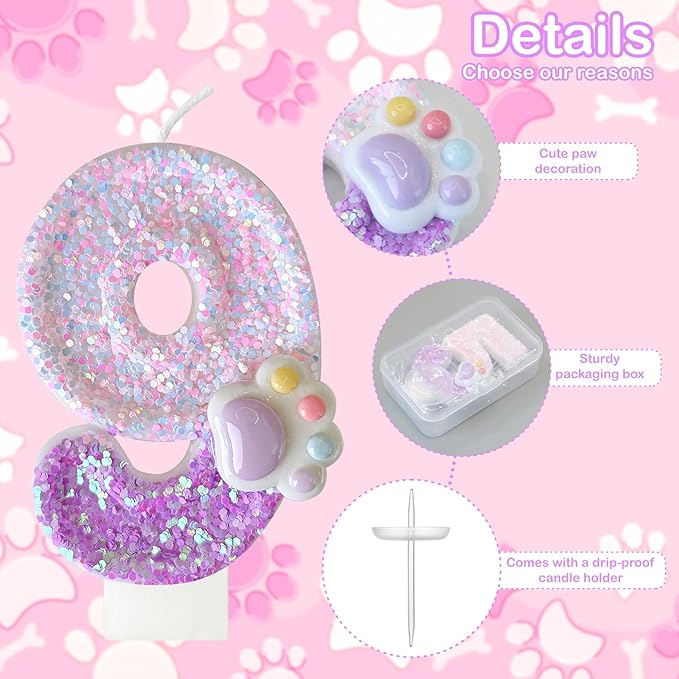 Pink Cat and Dog Paw Birthday Number Candles, Cupcake Decorations, Dog Theme Candles, Suitable for Party Celebrations, Birthday Decoration Supplies (Number 9)