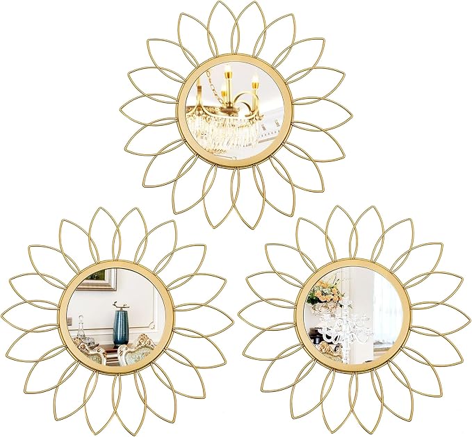 3 Pack Metal Mirrors for Wall Sunburst Wall Mirrors Home Décor Decorative Hanging Wall Art for Living Room Bedroom Entryway (Gold, Flowers)