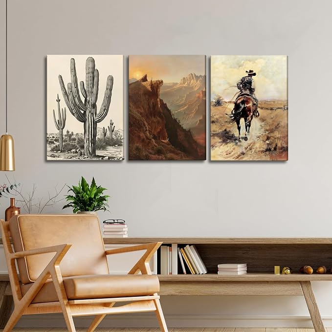 Western Cowboy Wall Art Set of 3, Vintage Southwestern Wall Decor Painting, Western Ranch Desert Farmhouse Poster Canvas Prints Aesthetic Pictures for Bathroom Bedroom Living Room Framed 16x24 inch