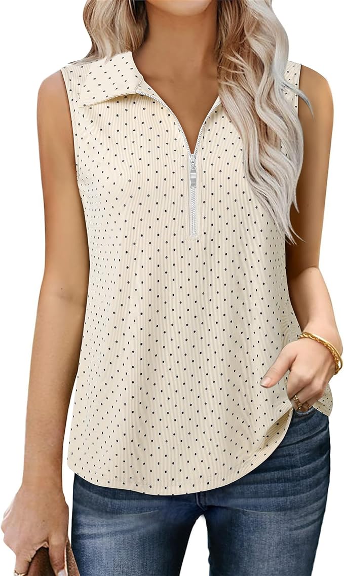 Vivilli Womens Ribbed Tank Top Zipper V Neck Dressy Casual Blouses Sleeveless Camisole Tops Work Tank Polo Shirts