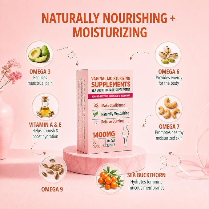 Vaginal Moisturizing Supplement for Women, Sea Buckthorn Oil, Omegas 3, 6, 7, and 9, Vitamins A and E, 100% Natural Formula, 60 Supplements