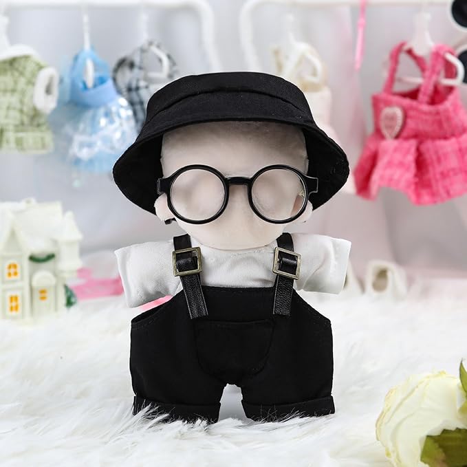 Doll Clothes17cm Black Outfits for Dolls Cute Hat Overalls Set Glasses and White T-Shirt Exquisite Clothes Accessories (Black Jumpsuit)