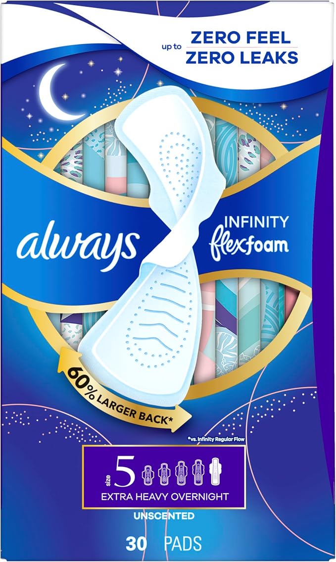 Always Infinity Feminine Pads for Women, Flexfoam Pads with Wings, Size 5, Extra Heavy Overnight Absorbency, Unscented, 30 Count