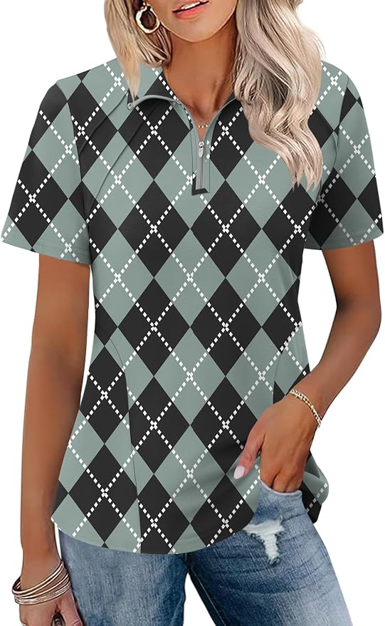 LOMON Womens Golf Polo Shirt Summer Short Sleeve Quarter Zip Outfit | Side-Pockets,Princess Seams,Cotton,Wrinkle Free,Moisture Wicking,Quick-Dry,Lightweight,Collared,for Tennis Workout