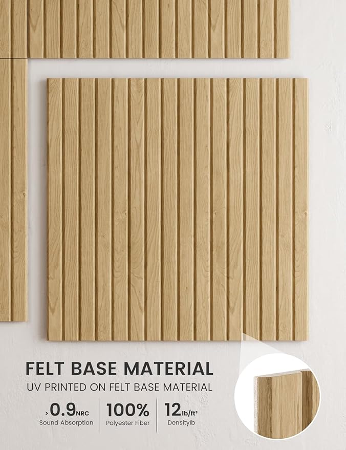 Fluxynara 6-Pack Large Felt Bulletin Board, Natural Oak Slat | 70.87" x 47.24" Cork Board Alternative, Acoustic Wall Panels with 60 Adhesive Tabs for Recording Studios and Home Offices