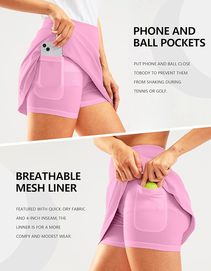 16" Golf Skirt with 2 Zipper Pockets | Tee Holder, Mesh Shorts, High Waisted, Casual, Pickleball, Athletic, Tennis, Skorts for Women