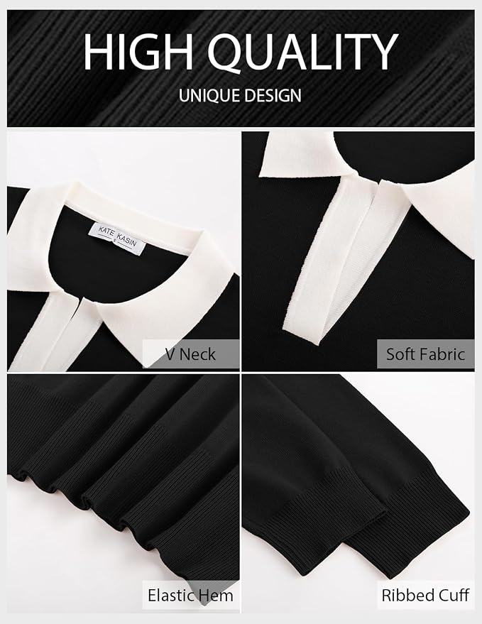 Women's Long Sleeve Classic V Neck Casual Fall Winter Polo Sweater Tops | Basic Collared Knitted Fashion Work Business Formal Daily Wear Versatile Pullover Shirts