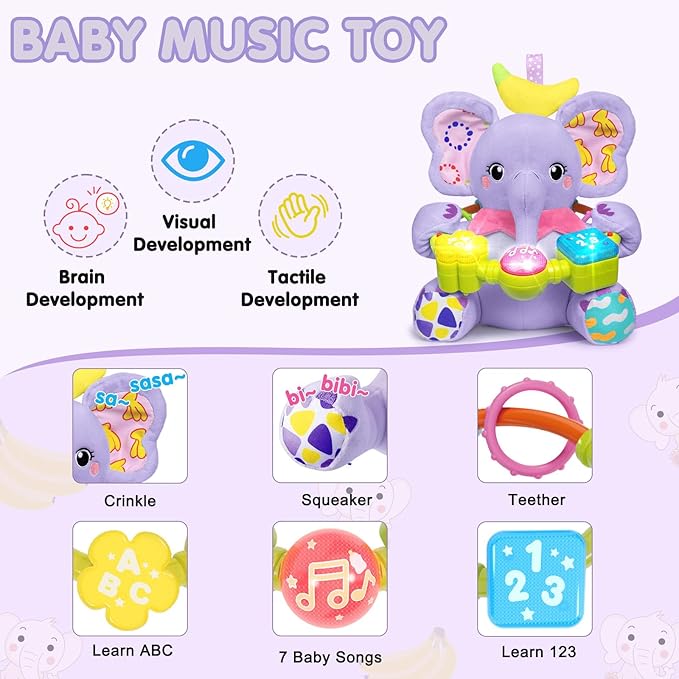 Baby Bilingual Musical Elephant Stuffed Animals Toys,Infant Early Learning Toy with Light-Up Music & Crinkle,Tummy Time Toys for 0 3 6 9 12+ Months for Baby Boy Girl Gift,Purple