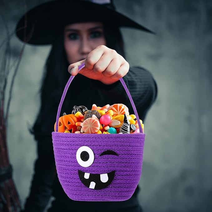 Halloween Trick or Treat Basket with Handle Cute Bucket Cotton Rope Woven Candy Bag Pumpkin Witch Cat Pig Storage Basket for Halloween Party Favor (Purple,Witch)