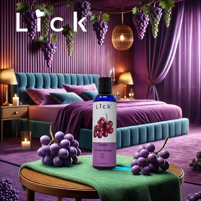 Lick Grape Flavored Massage Oil – Sweet Fruit Edible Massage Oil with Sweet Almond Oil & Vitamin E, Smooth Glide for Relaxing Couples Massage Sessions, 4 oz