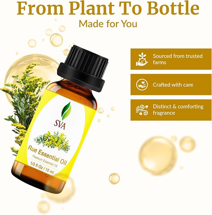 SVA Rue Essential Oil 1/3 Fl Oz – for Diffuser, Skin & Hair Care – Ideal for Massage & DIY Blends - with Dropper