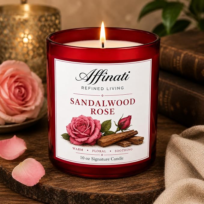 Affinati Sandalwood Rose 10 oz Scented Candle – Long Lasting Luxury Soy Blend Candle for Home, Strong Scent Throw Rich Woody Floral Aromatherapy Candle, Premium Clean Burning Gift for Women