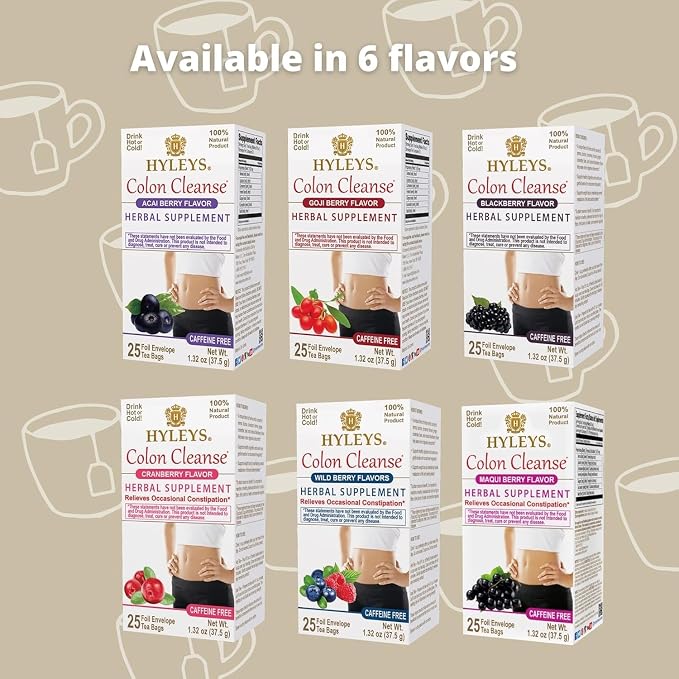 HYLEYS Colon Cleanse Tea, Wild Berry Flavor - 300 Individually Wrapped Herbal Tea Bags (12 Pack of 25) - Caffeine Free, Gluten Free & Vegan