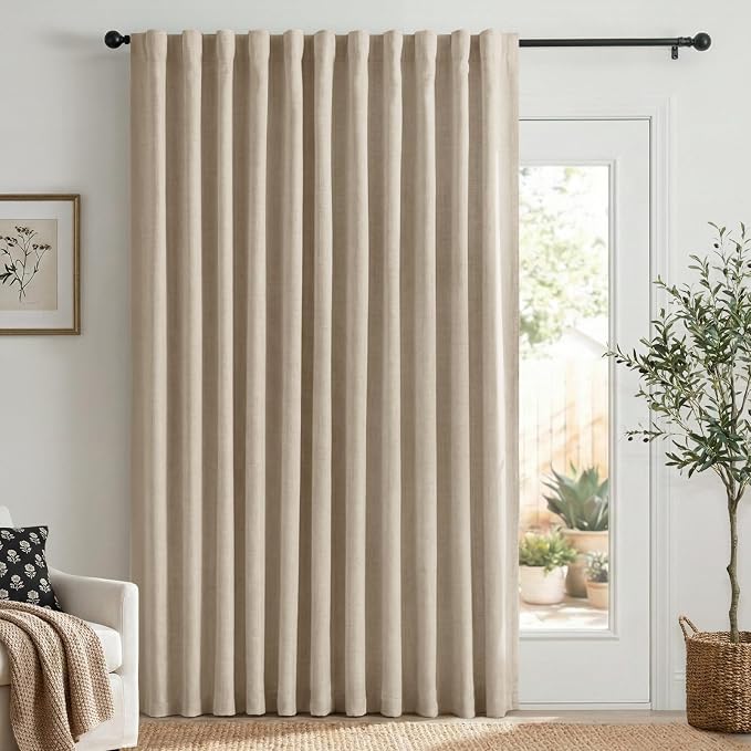 100% Blackout Shield Linen Blackout Sliding Door Curtains for Living Room, Back Tab/Rod Pocket Thermal Insulated Curtains for Sliding Glass Doors, 1 Panel Set, 100" W x 84" L, Oatmeal