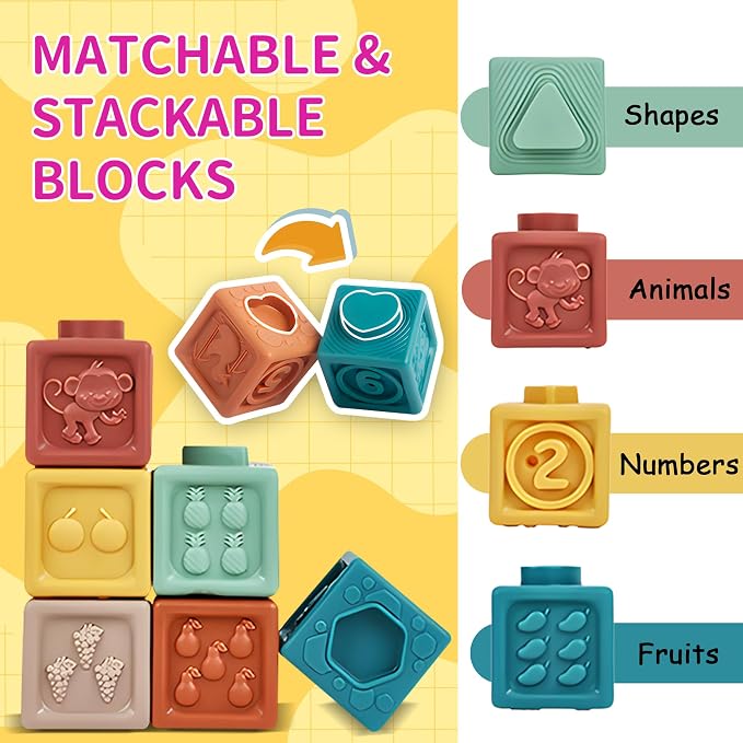 Baby Toy Set, 3 in 1 Baby Blocks, Teething Rings & Sensory Balls 6M+ | 18PCS Soft Pastel Set, Soft Blocks, Teething Rings, Sensory Balls, Number & Fine Motor Play, Activity Gifts for Toddlers