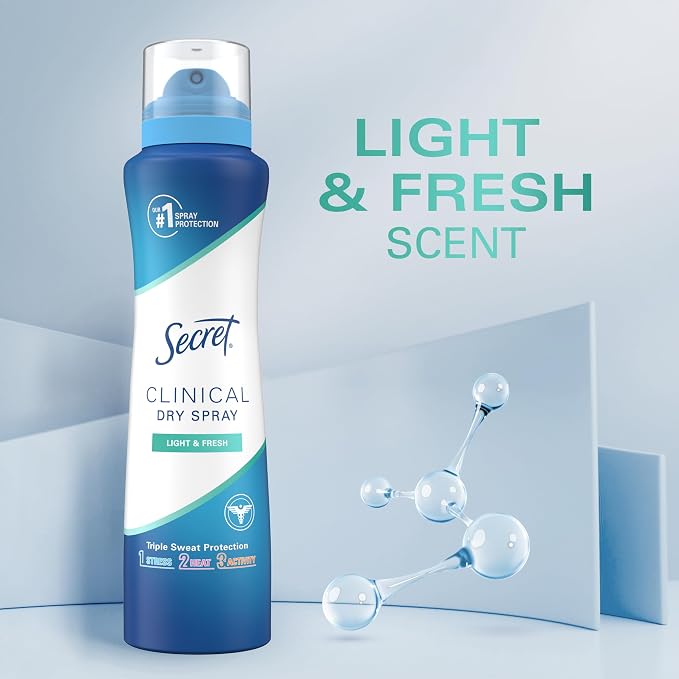 Secret Clinical Strength Dry Spray Antiperspirant Deodorant for Women, 3X Stress Protection, 72hr Sweat & Odor Protection, PH Balancing Minerals, Light & Fresh Scent, 3.8 oz