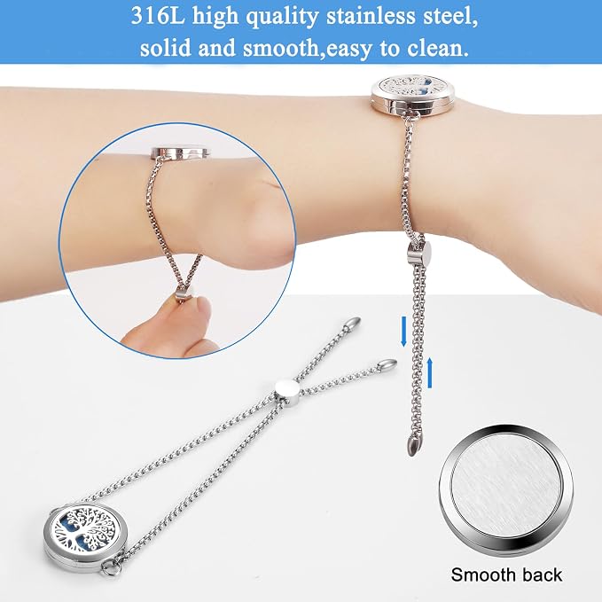 Aromatherapy Essential Oil Diffuser Bracelet, Tree of Life Pattern Locket Adjustable Link for Women Birthday Jewelry Gifts Trendy for Wife Mothers（Silver