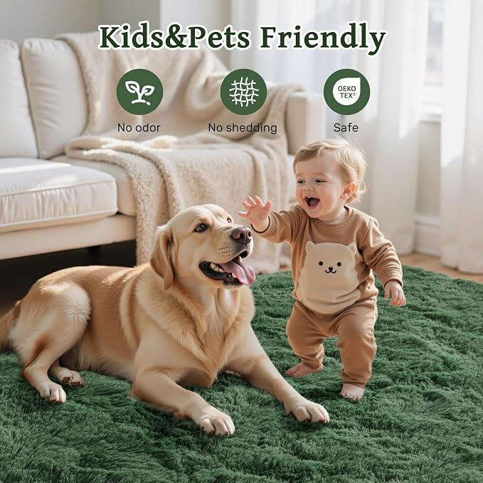 9x12 Area Rugs for Living Room Green Fluffy Shag Rug,Plush Bedroom Grass Carpet for Kids Teens Indoor Classroom Home Decor Aesthetic