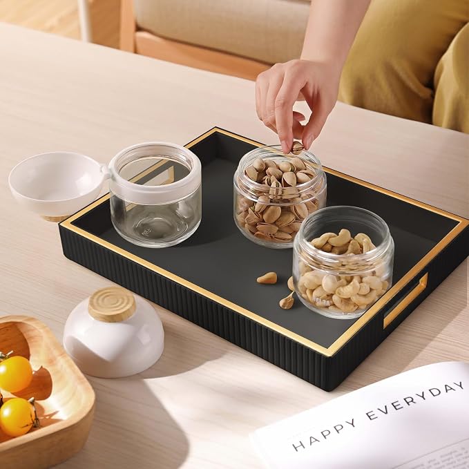 Leather Tray Desktop Storage Organizer, Rectangle Valet Tray, Black | Premium Serving Trays with Handles, Decorative Tray Desk Organizer for Sundries Cosmetics Phone Wallet Keys Cutlery