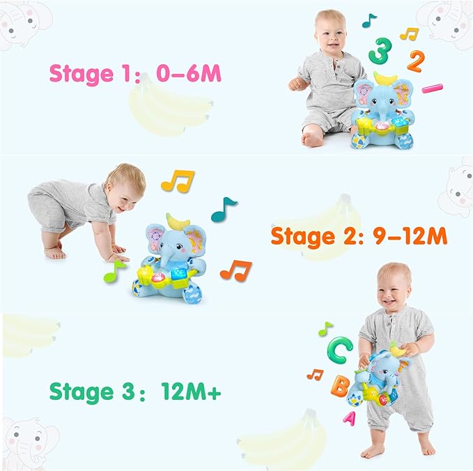 Baby Bilingual Musical Elephant Stuffed Animals Toys,Infant Early Learning Toy with Light-Up Music & Crinkle,Tummy Time Toys for 0 3 6 9 12+ Months for Baby Boy Girl Gift,Blue