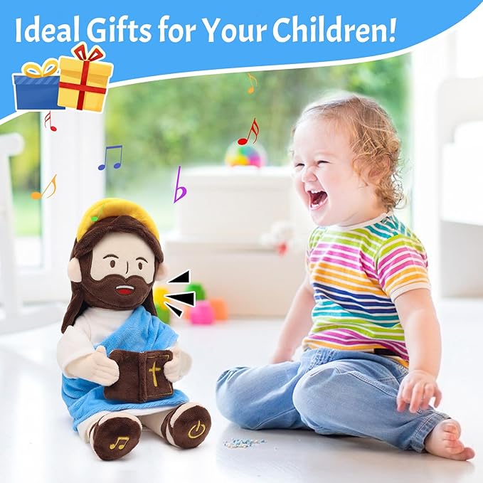 Jesus Plush Talking Doll with Halo,Speak 20 Bible Verses & 20 Songs,13.4" Interactive Hymn Stuffed Plushie Perfect Religious Gift for Kids Sunday School & Easter Celebrations