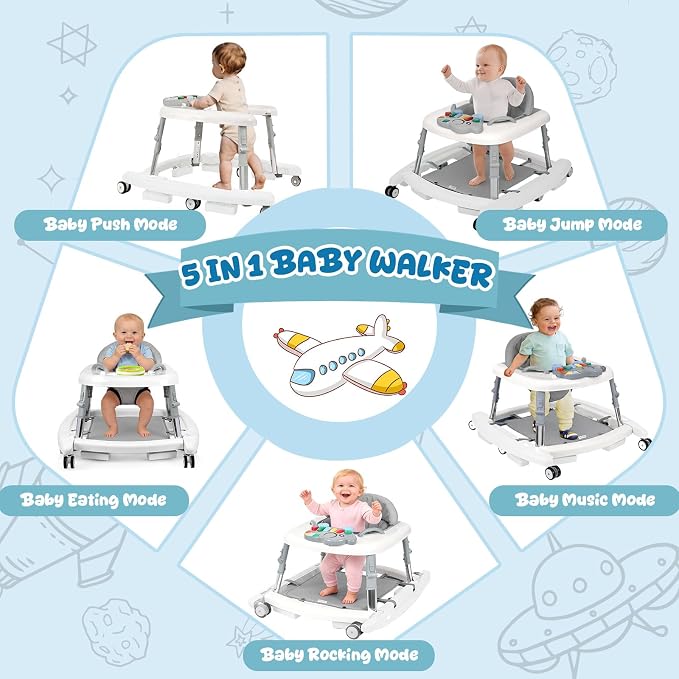 5-in-1 Baby Walker for Boys and Girls Music and Lights 6-18 Month, Foldable Baby Walkers with 5 Adjustable Heights, Infant Toddler Walker with Wheels and Bouncer Combo Portable (White)