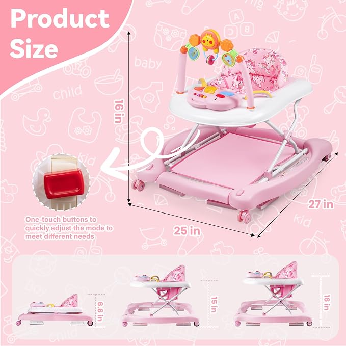 Baby Walker, 5 in 1 Baby Walkers for Boys Girls 6-12 Months, Foldable Walkers for Babies with Bouncer & Feeding Tray, Music, Adjustable Heights, Activity Walker for Infant
