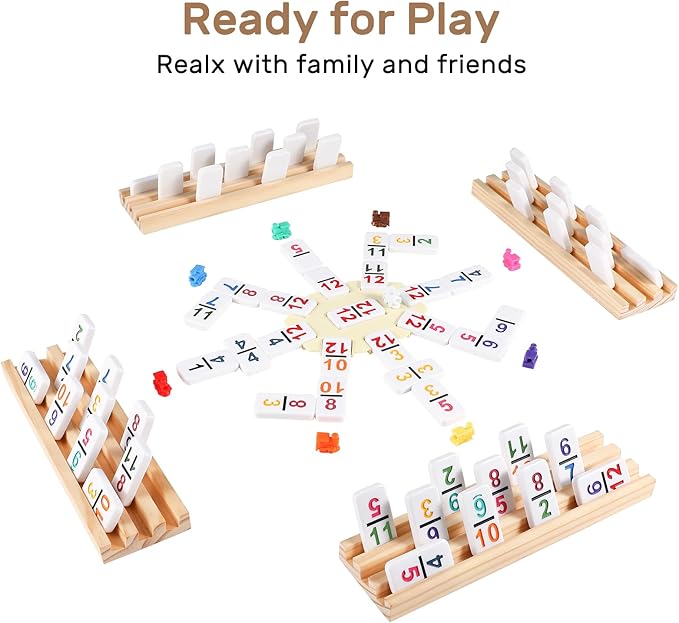 Mexican Train Dominoes Set with Numbers and 4 Wooden Trays/Racks, Double 12 Dominos Travel Set with 4 Tiles Holders, 91 Tiles Double 12 Colored Dominoes Game Set with Portable Case for Families Kids