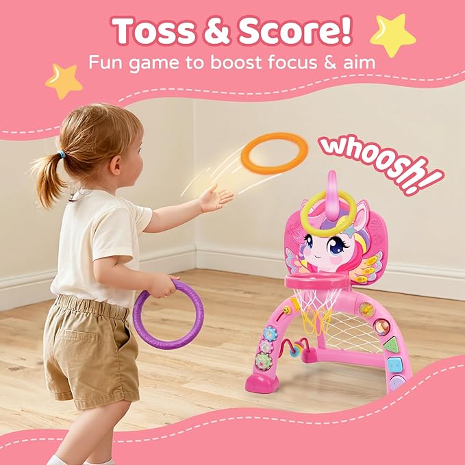 Fabeto Basketball Hoop & Soccer Goal for Toddlers – 3-in-1 Sports Play Set with Ring Toss | Indoor Outdoor Activity Toy for 1 2 3 Year Old Boys | Birthday for Active Play (Pink)