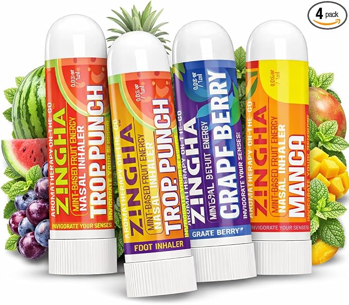 Z!NGHA Natural Aromatherapy Nasal Stick Boost Focus & Enhance Breathing | Portable Sinus Relief & Relaxation Nasal Inhaler Stick | Essential Oil Blend for Stress and Congestion (4PK Fruit Mix)