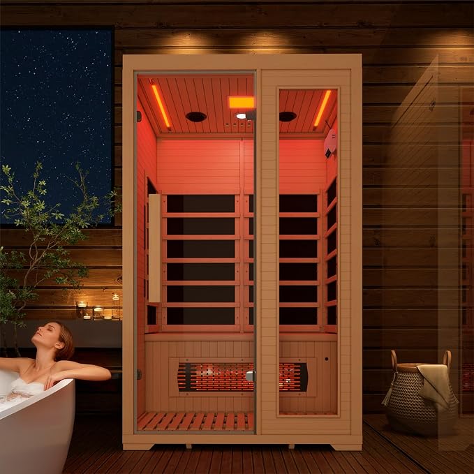 2 Person Infrared Sauna, Full Spectrum Sauna for Home, Indoor Dry Saunas with 5 Carbon Panels and 1 Carbon Tube, Oxygen Bar and 7 Color Light Strips, Canadian Hemlock,110V